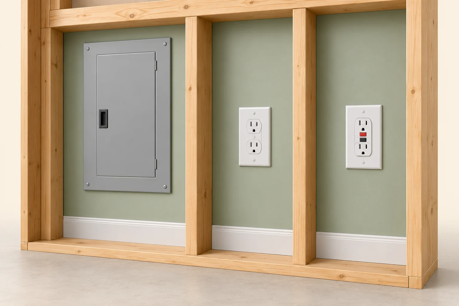 A closed grey panel door, a plain outlet face and an outlet face with two central buttons appear in three separate timber wall bays. No internal wiring is shown.