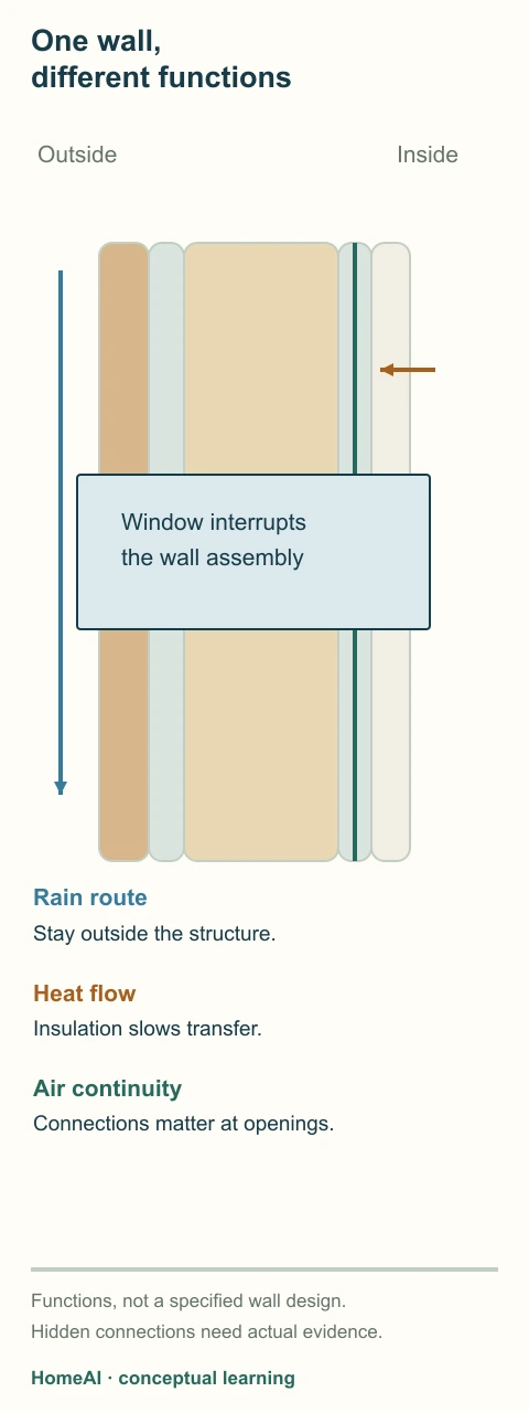 A conceptual wall section distinguishes exterior water shedding, resistance to heat flow and continuity of air control.