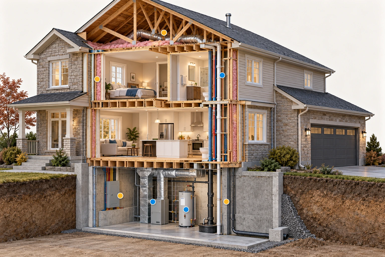 The cutaway places roof framing, occupied rooms, the basement, closed equipment and illustrated service routes in one house. Conceptual 3D cutaway; Hidden layers and exposed service routes are conceptual. Coloured markers do not assign condition or approval; no access, capacity, complete pipe route or actual inspection scope is established.