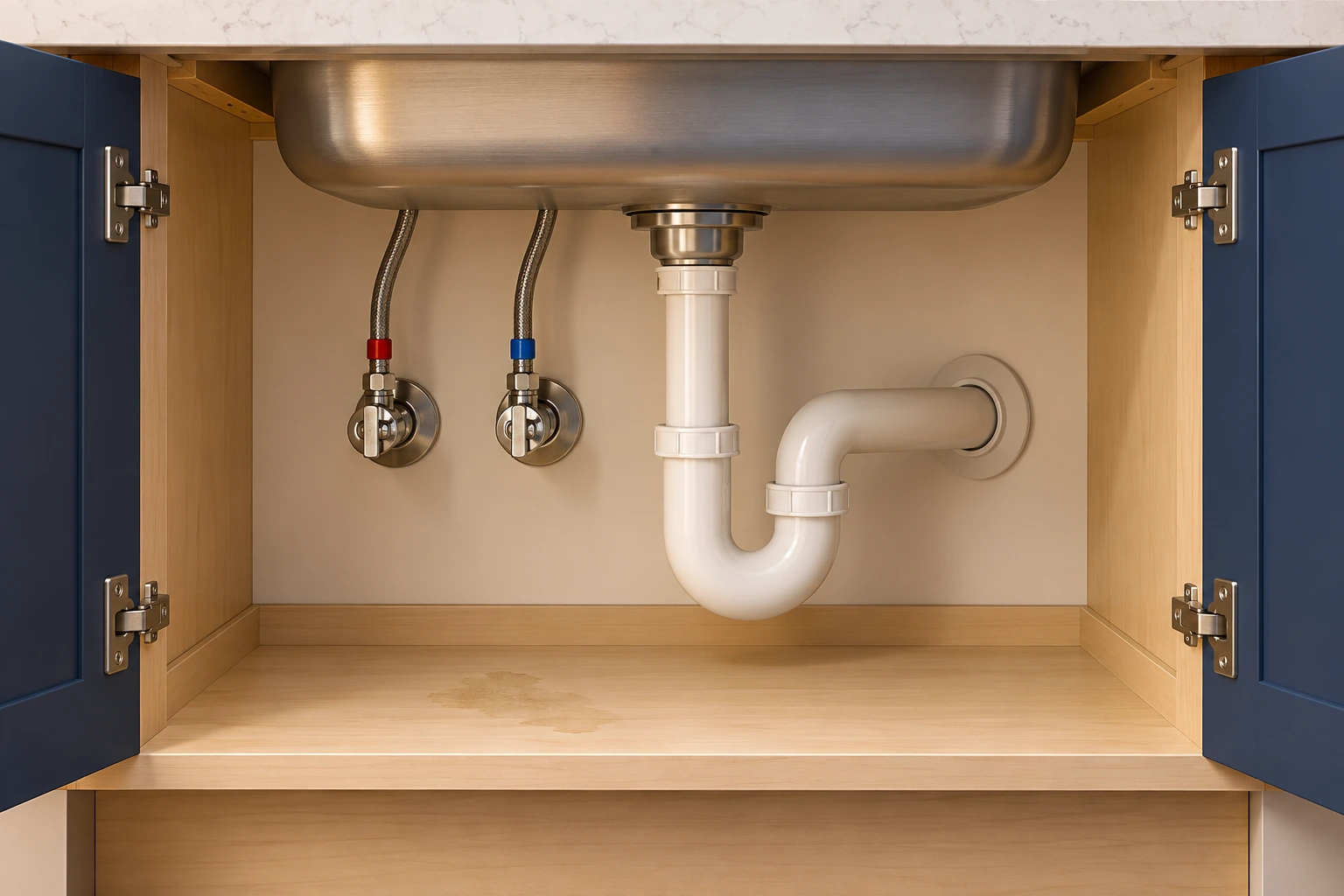 Two supply tubes approach the fixture, while a U-shaped trap joins a drain route entering the cabinet wall. A separate mark lies on the cabinet base. Conceptual 3D cutaway; The mark does not identify a current leak or its source. Supply-colour bands do not verify their roles, and concealed drainage/venting and installed compliance remain unassessed.