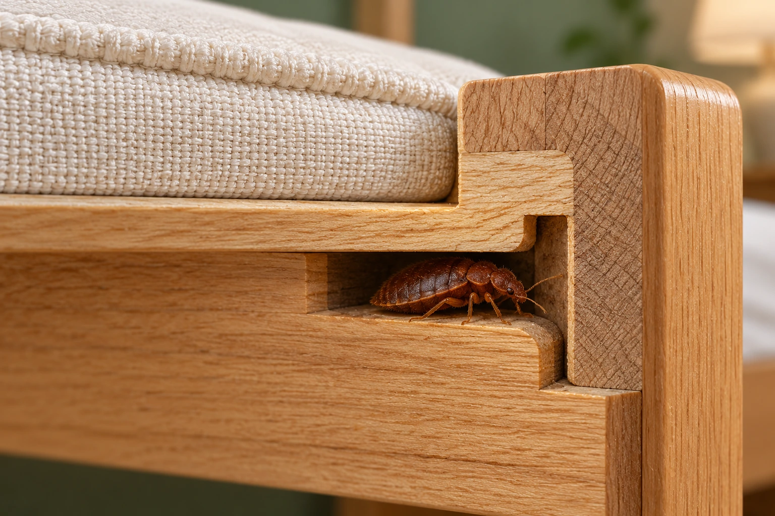 Conceptual side cutaway of a wooden bed-frame joint beside a fabric mattress edge, with a flattened oval insect model sheltered in the narrow recess.