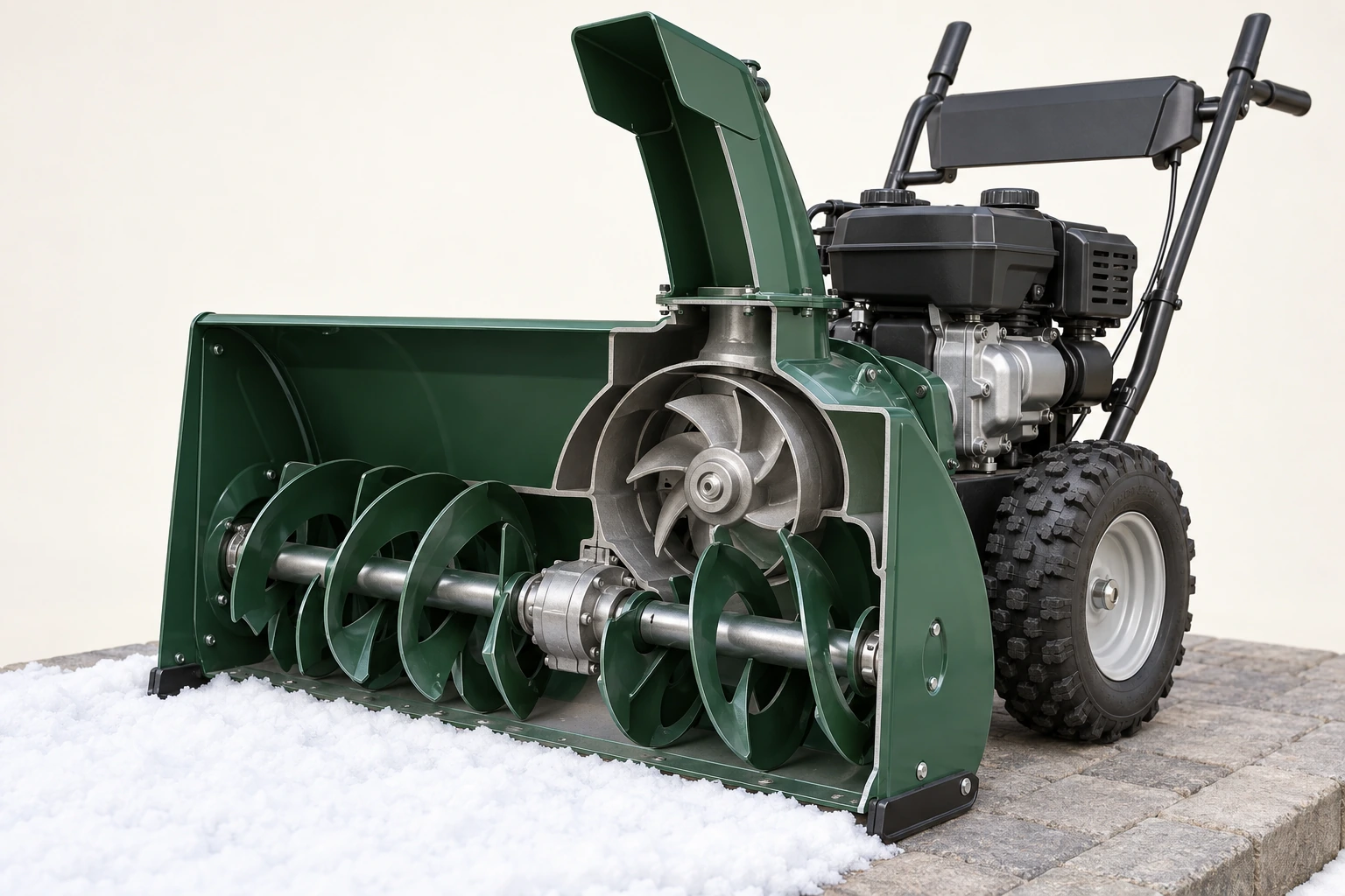 A conceptual stationary two-stage snowblower cutaway shows opposed front auger spirals, a separate rear impeller, rising chute, covered engine and wheel.