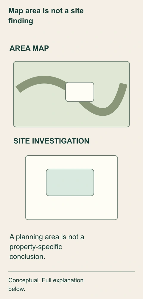 Map area is not a site finding. The broad map field and the smaller investigation footprint answer different questions. An area designation can prompt enquiry; a report’s actual location, date and purpose determine what its site evidence addresses.