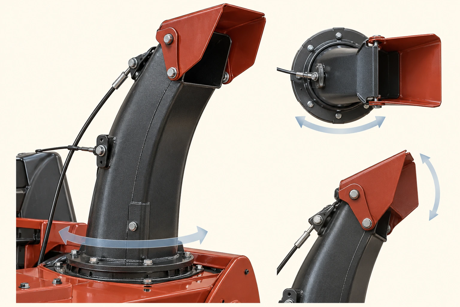 Snowblower discharge chute with visible circular swivel base and a separate hinged top deflector, shown in main, top and side views.