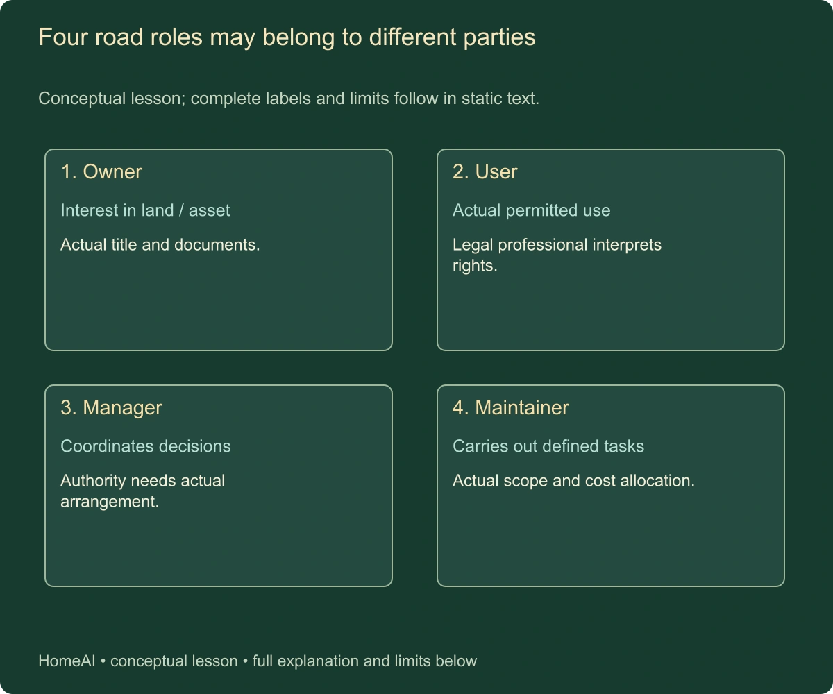 Four road roles may belong to different parties. Conceptual lesson; complete labels and limits follow in static text.