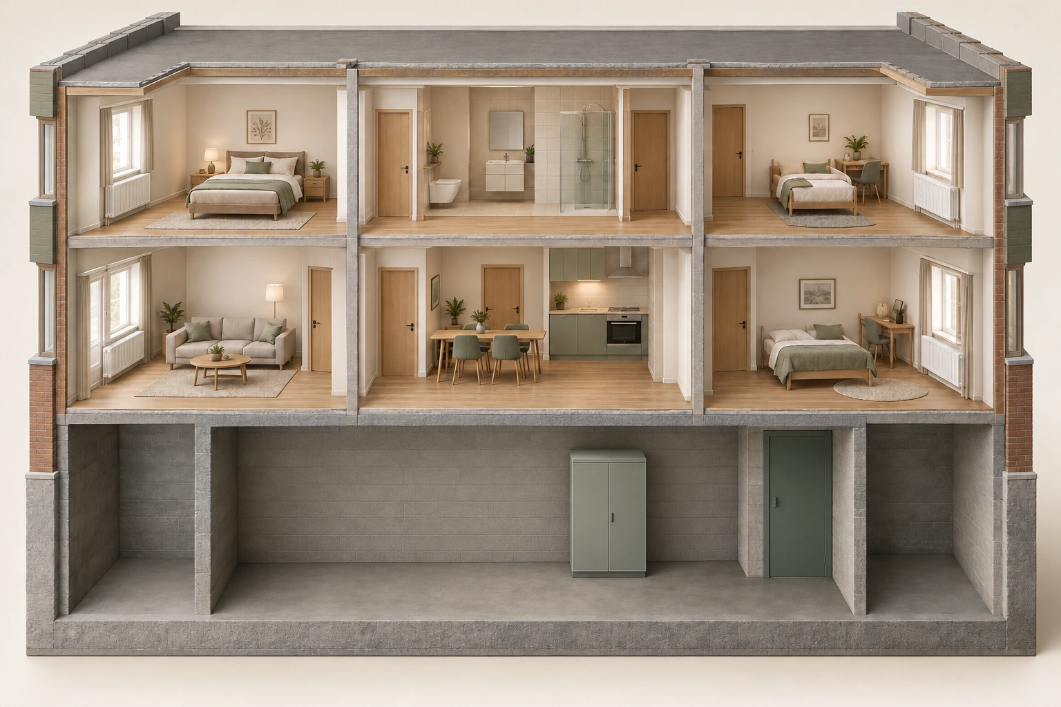 cutaway with rooms and fully closed basement cabinet; all service connections hidden.