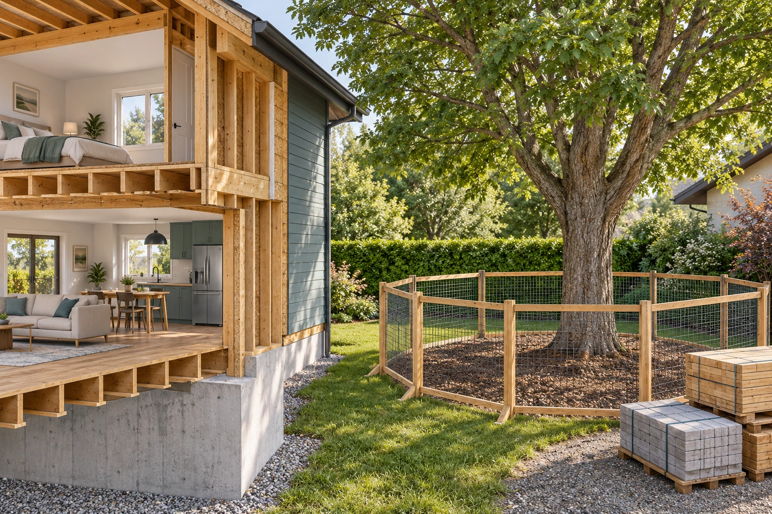 A conceptual fence marks a protected tree area beside stored construction materials and the house model. It locates access and storage coordination without depicting the protection extent required for any actual tree.