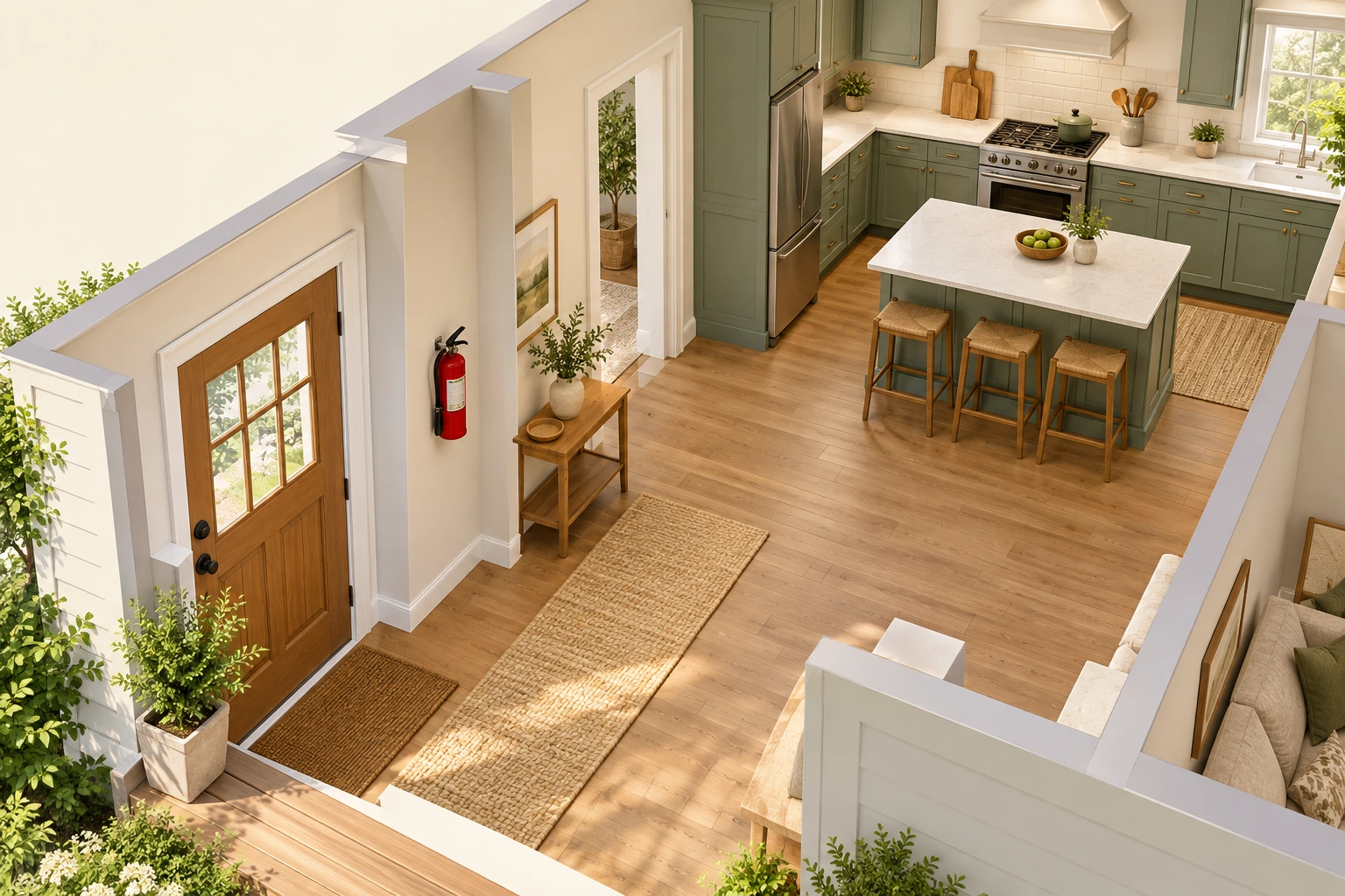 A conceptual entry-and-kitchen cutaway places a wall-mounted extinguisher beside a clear route to the exterior door.