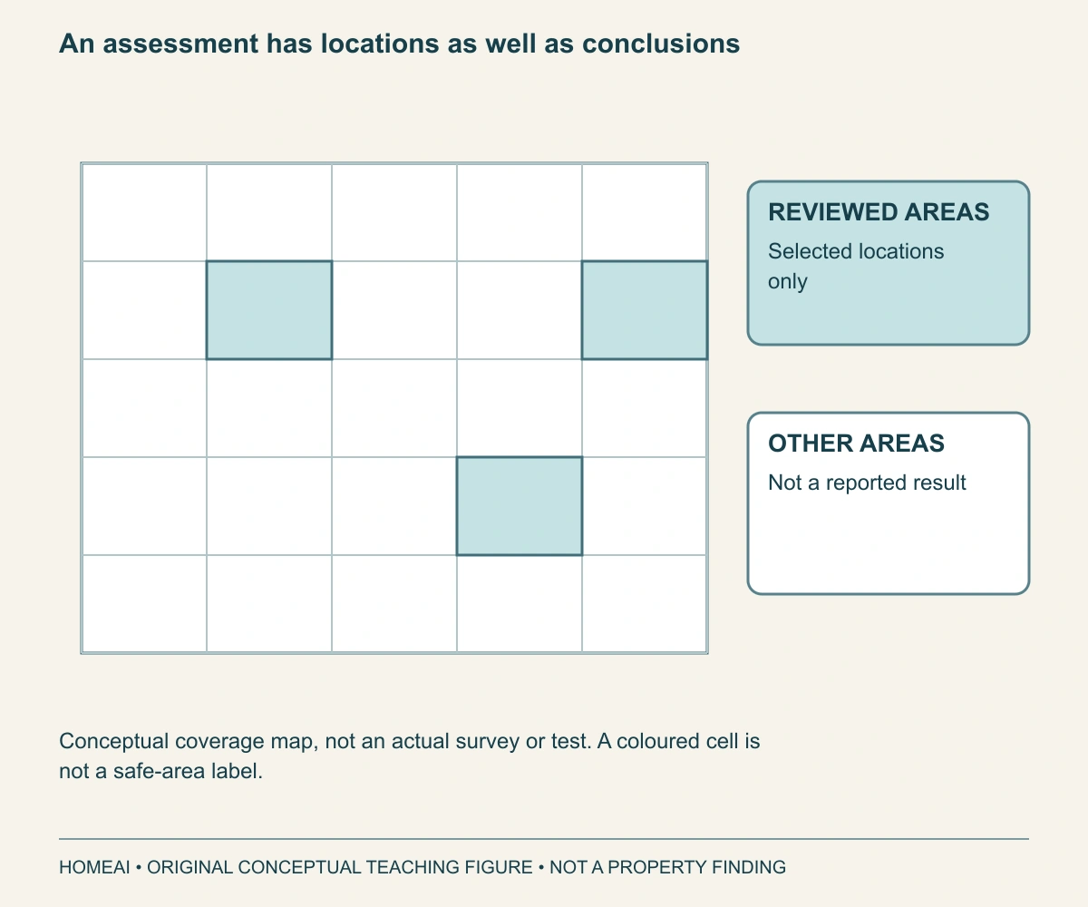 An assessment has locations as well as conclusions. A conceptual grid marks selected reviewed areas separately from the rest. The two legends distinguish scope coverage from a condition result.