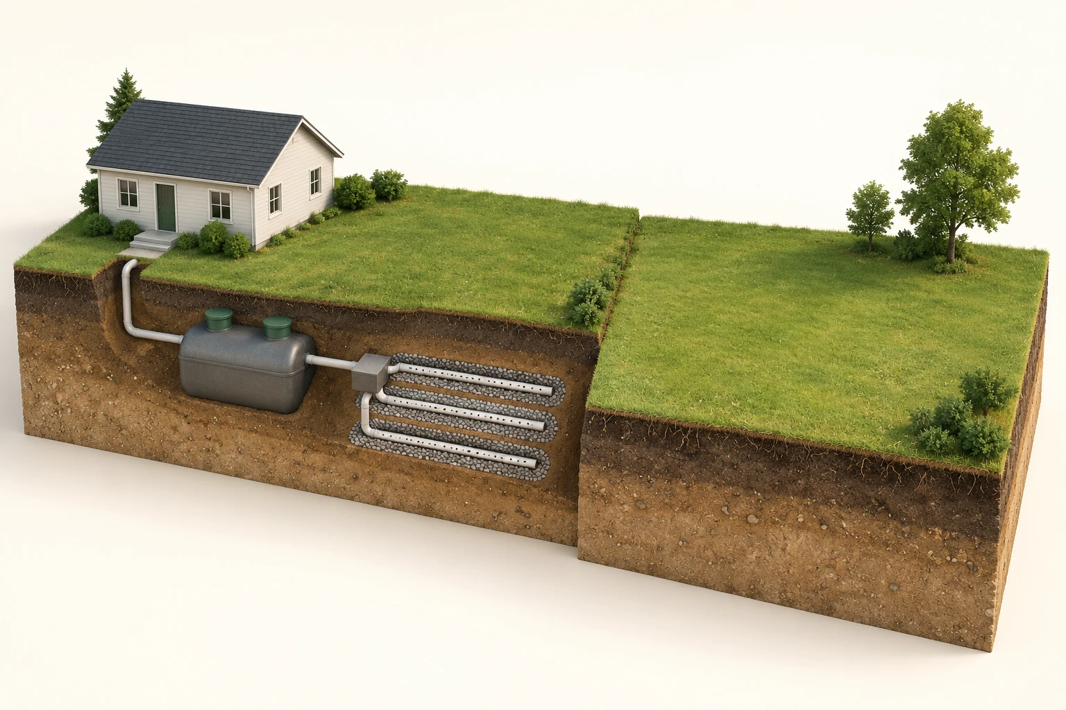 A terrain cutaway shows a conceptual house, tank and receiving pipes on the left, beside an open-looking lawn on the right.